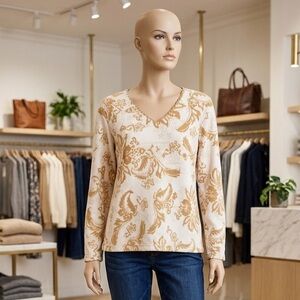 Coldwater Creek Cream and Tan Floral Blouse